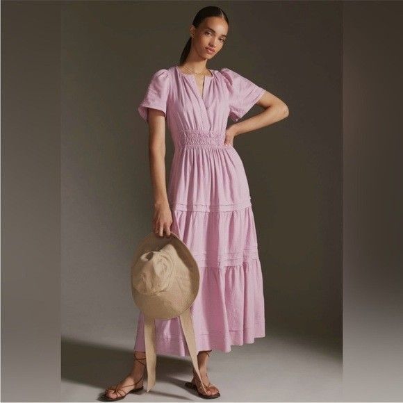 Anthropologie Dresses & Skirts - Anthropologie Somerset Pink Linen Blend Smocked Maxi Dress Womens Size XS
